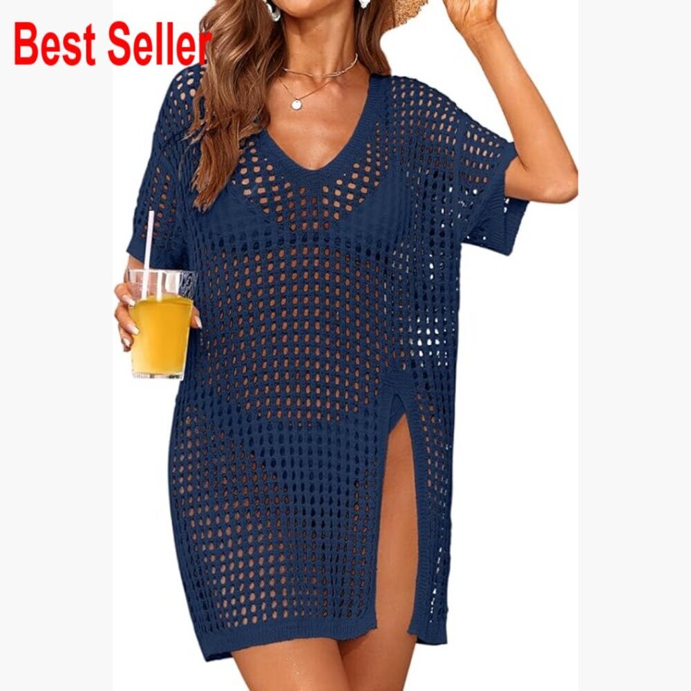 Crochet Mesh Swimsuit Cover Up with Side Split Short Sleeve